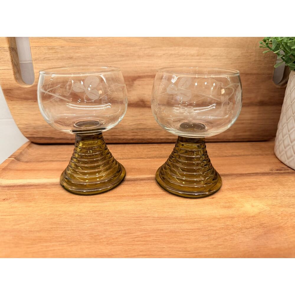 Vintage German Roemer Small Crystal Glasses Amber Color - Etched‎ Grape Design